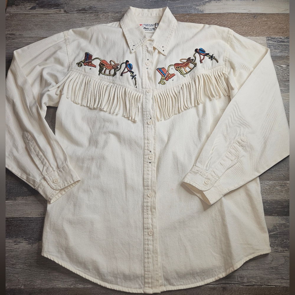 Mari-Lyn Vintage Western Cowboy Shirt Women's Small White Fringe